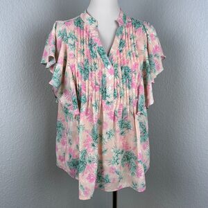 Entro Women's Pleated Flutter Short Sleeve Floral Top Pink Size L